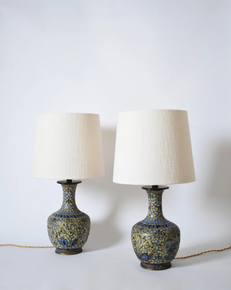 Vintage Pair of Yellow Background Cloisonnés, XIXth c Copper Table Lamp