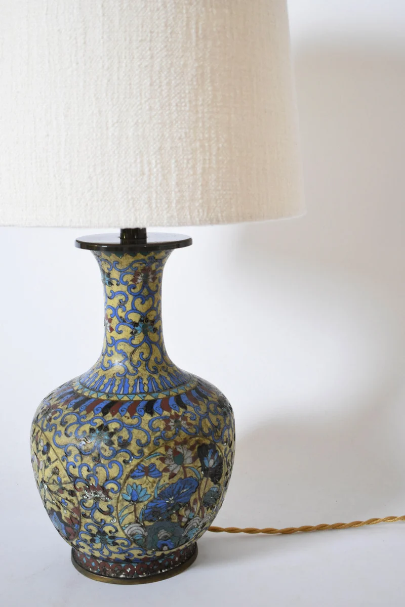 Vintage Pair of Yellow Background Cloisonnés, XIXth c Copper Table Lamp