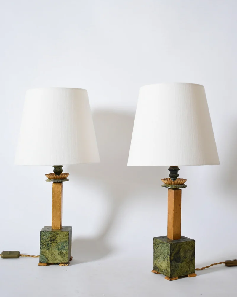 Vintage Pair of marble trompe l'oeil wooden Table Lamp, 1940s