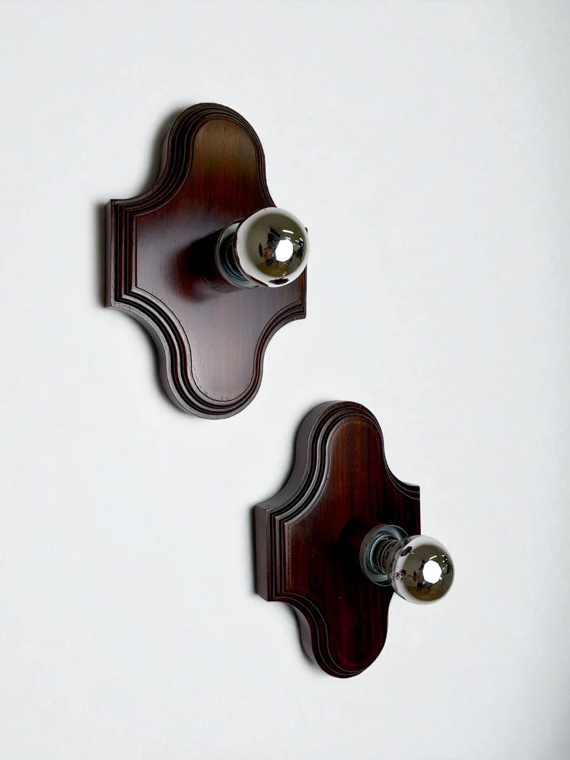 Pair of Geometric Art Deco Wall Lights, Carved wood, France, 1960s