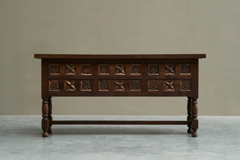 Spanish Style Sideboard in Hand-Carved Solid Walnut and Wrought Iron Early 20th Century