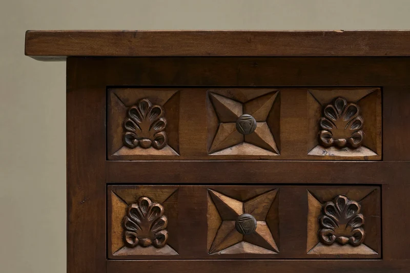 Spanish Style Sideboard in Hand-Carved Solid Walnut and Wrought Iron Early 20th Century