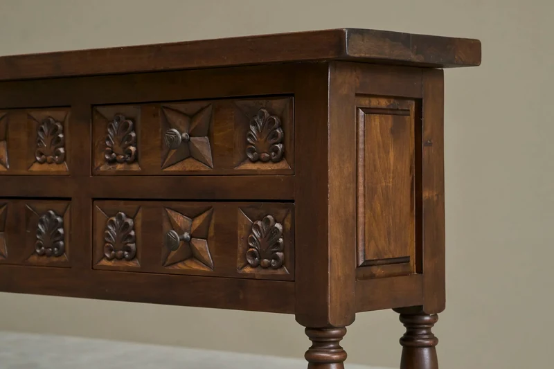 Spanish Style Sideboard in Hand-Carved Solid Walnut and Wrought Iron Early 20th Century