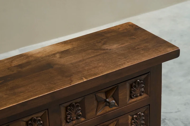 Spanish Style Sideboard in Hand-Carved Solid Walnut and Wrought Iron Early 20th Century