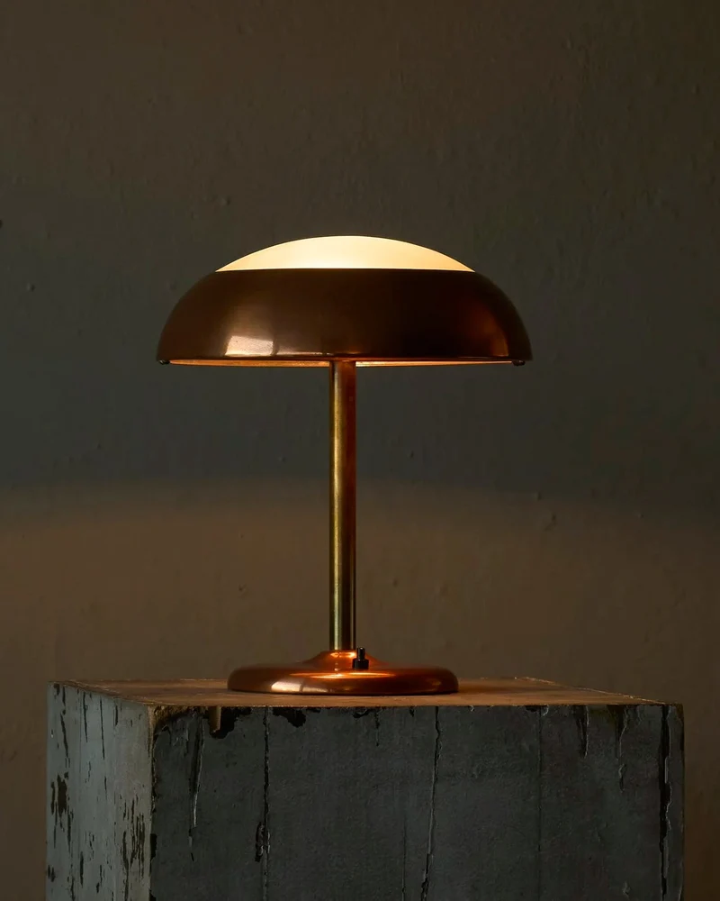 Vintage Art Deco Table Lamp in Patinated Copper, Brass and Satin Glass 1950s