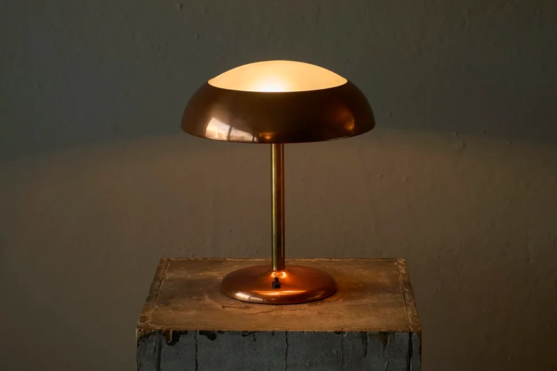 Vintage Art Deco Table Lamp in Patinated Copper, Brass and Satin Glass 1950s