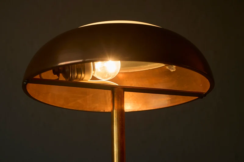 Vintage Art Deco Table Lamp in Patinated Copper, Brass and Satin Glass 1950s