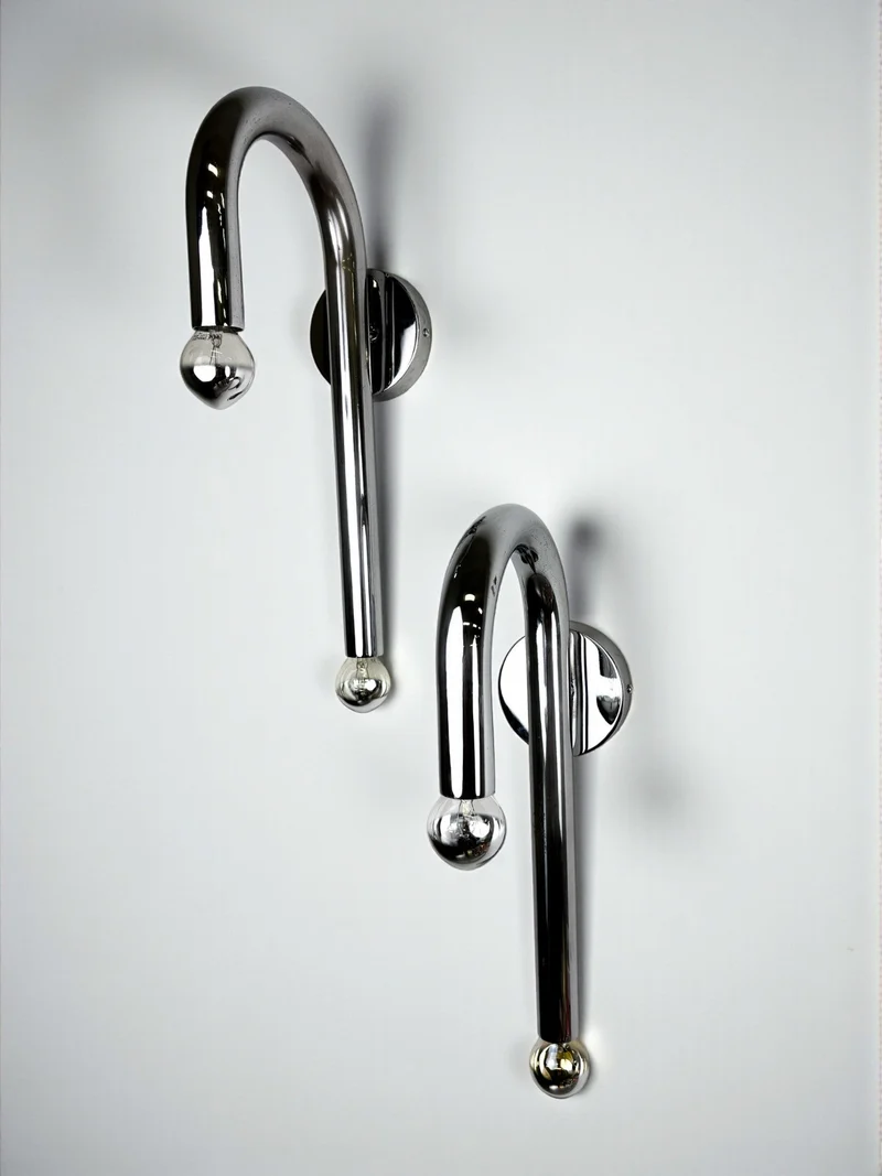 Pair of Space-Age Tubular Wall Lights, Chromed Metal, Italy, 1970s