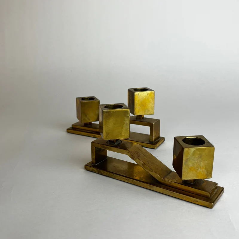 Pair of Solid Brass Geometric Candelabra