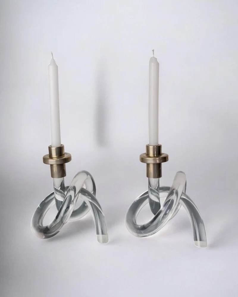 Pair of Candleholders by Dorothy Thorpe, Lucite and Gilt Brass, 1970's