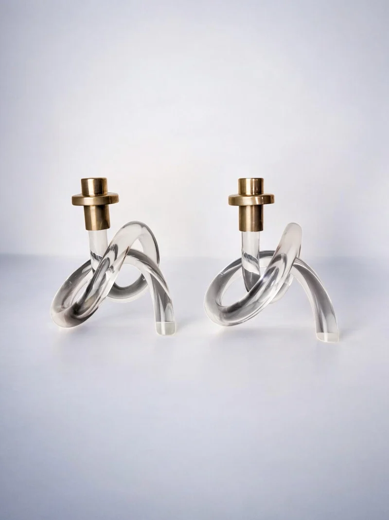Pair of Candleholders by Dorothy Thorpe, Lucite and Gilt Brass, 1970's