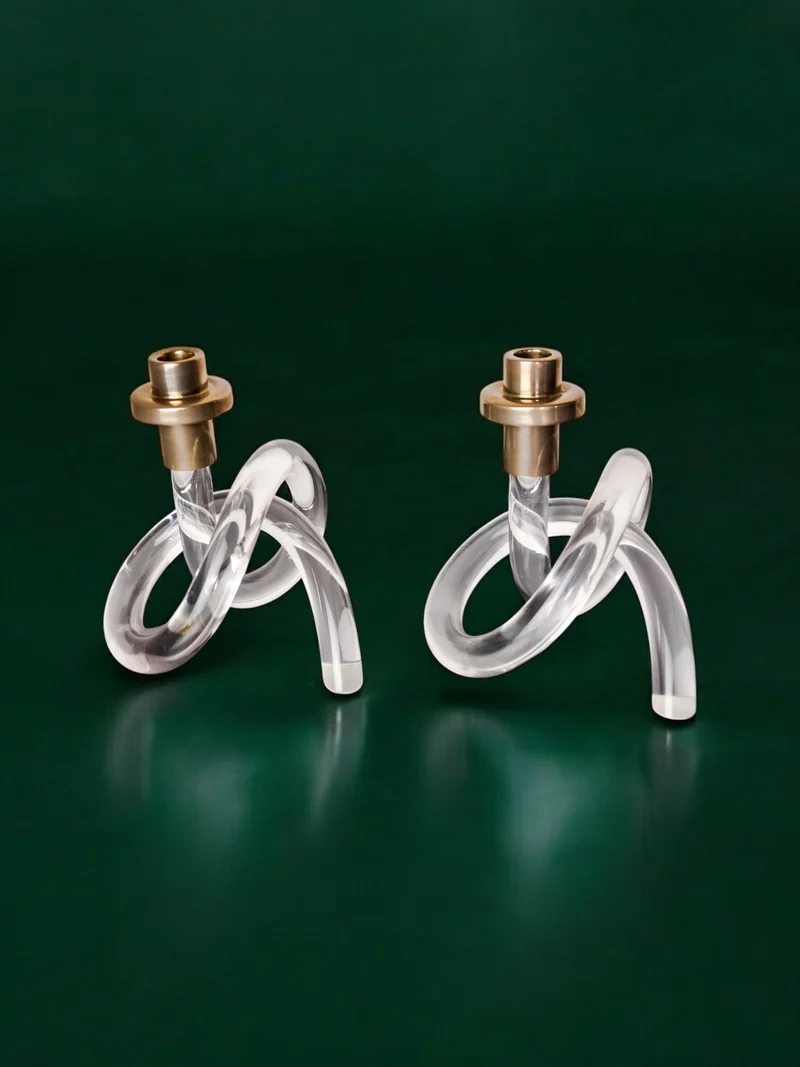Pair of Candleholders by Dorothy Thorpe, Lucite and Gilt Brass, 1970's