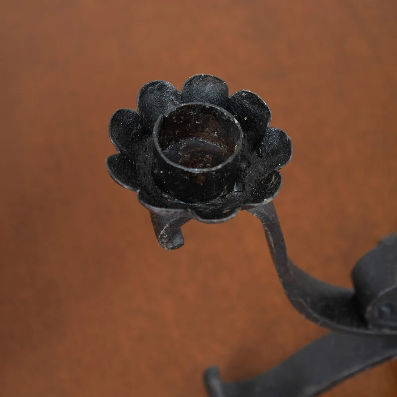 Pair of Brutalist Iron Candleholders with Sculptural Scroll Arms