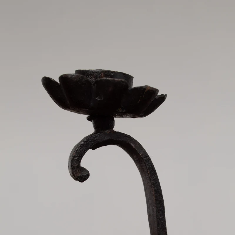 Pair of Brutalist Iron Candleholders with Sculptural Scroll Arms