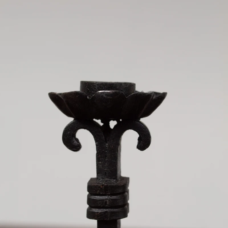 Pair of Brutalist Iron Candleholders with Sculptural Scroll Arms