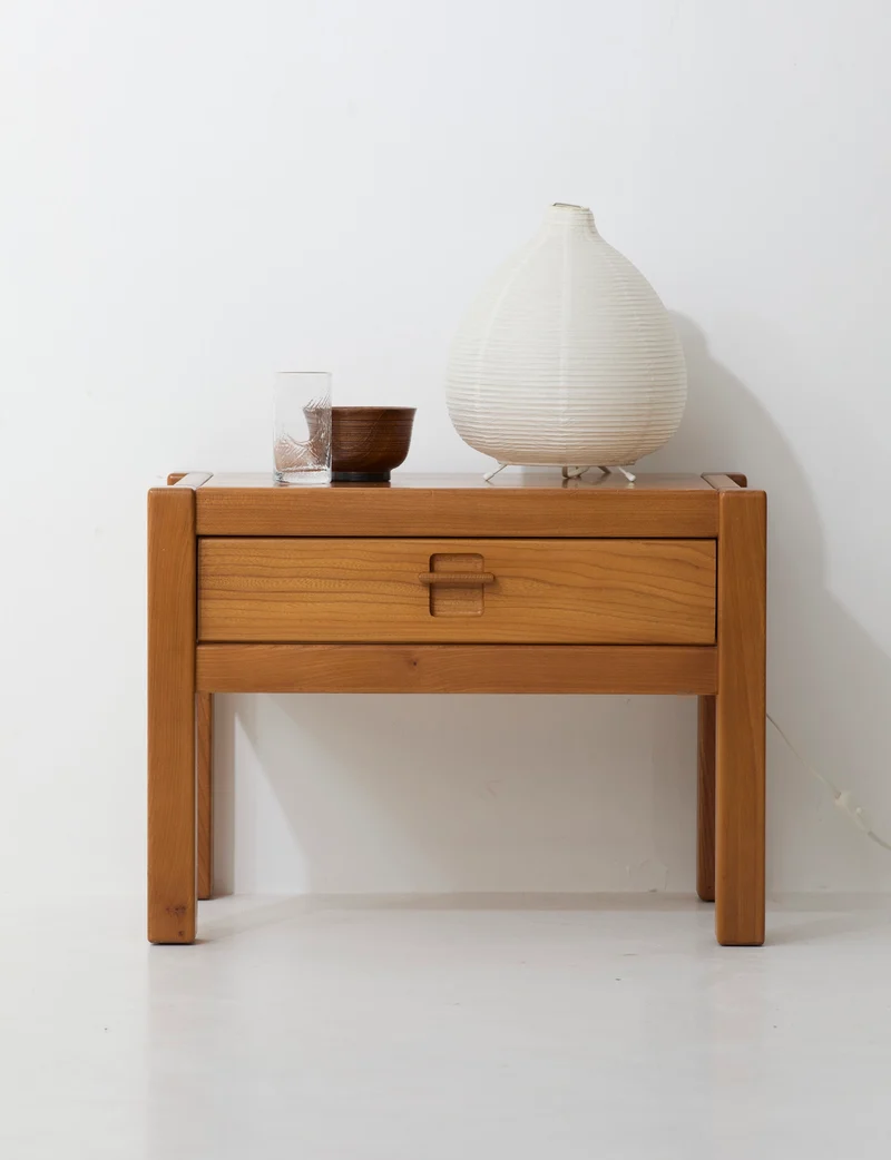Vintage artisanal one-drawer Side Table in Wood (Elm), France circa 1980