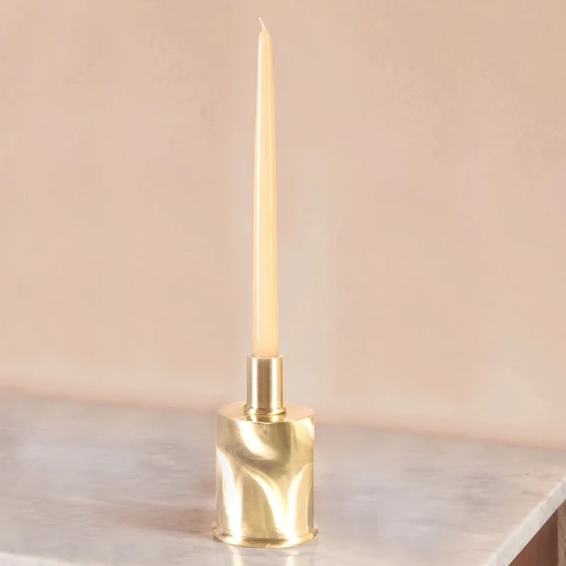 Brushed Brass Candle Holders in Fabric Moiré Design