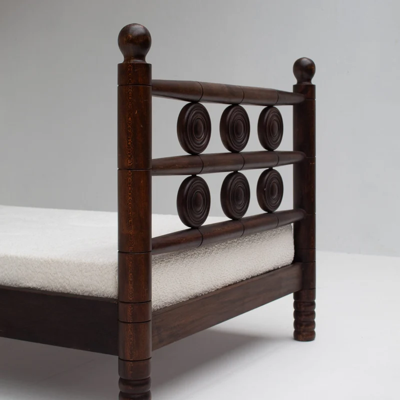 Mid-Century Wooden Bed with Sculptural Headboard