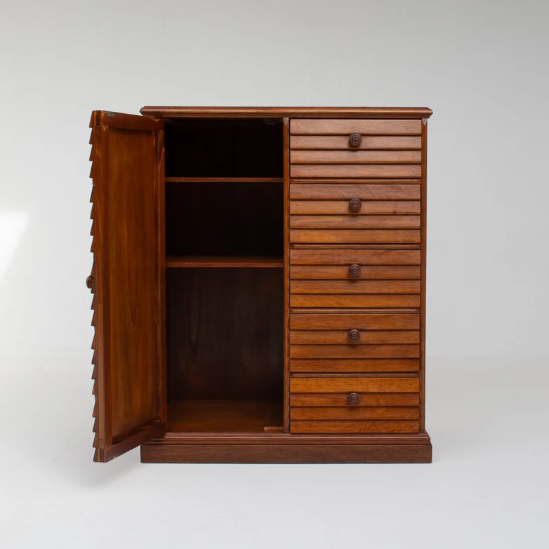 Mid Century Slatted Cabinet with Drawers and Storage