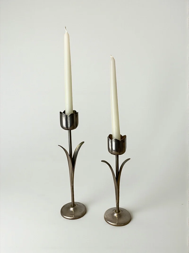 Pair of Chromed Tulip Candleholders, 1970's, Italy
