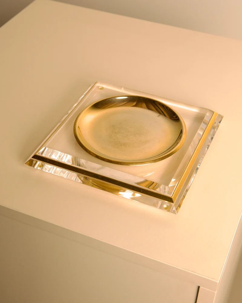 Italian "Pyramid" Trinket Dish in Brass and Plexiglass, 70s