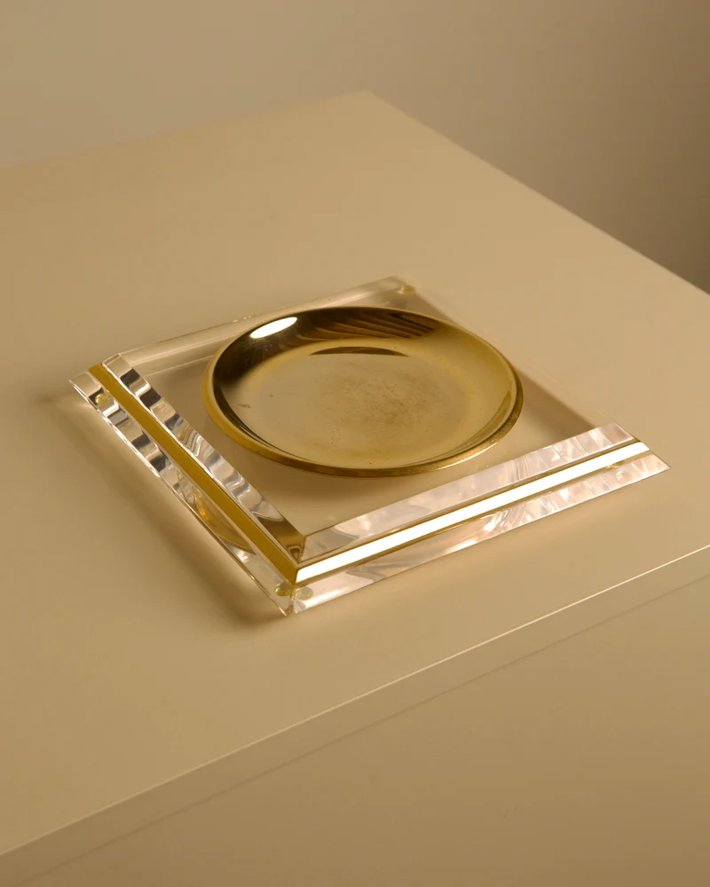 Italian "Pyramid" Trinket Dish in Brass and Plexiglass, 70s