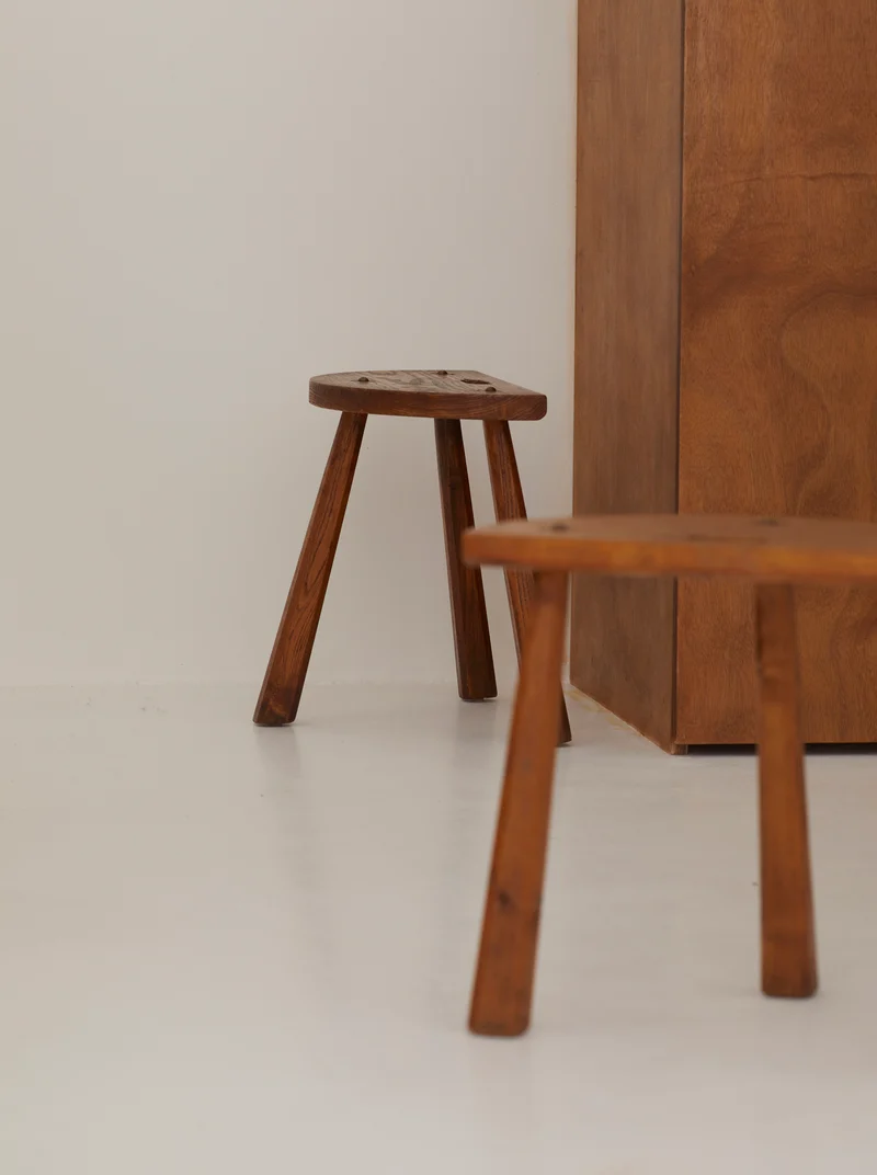 Two French Artisanal Solid Wood Half-moon Tripod Stools, Circa 1950