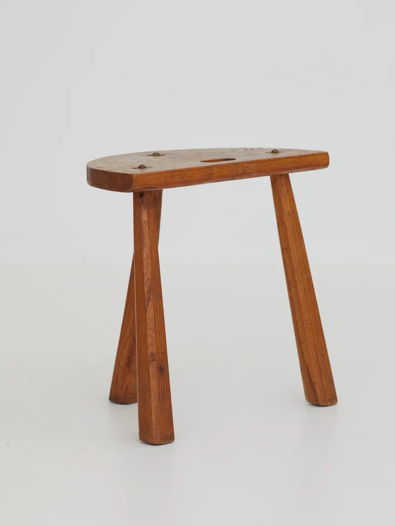 Two French Artisanal Solid Wood Half-moon Tripod Stools, Circa 1950