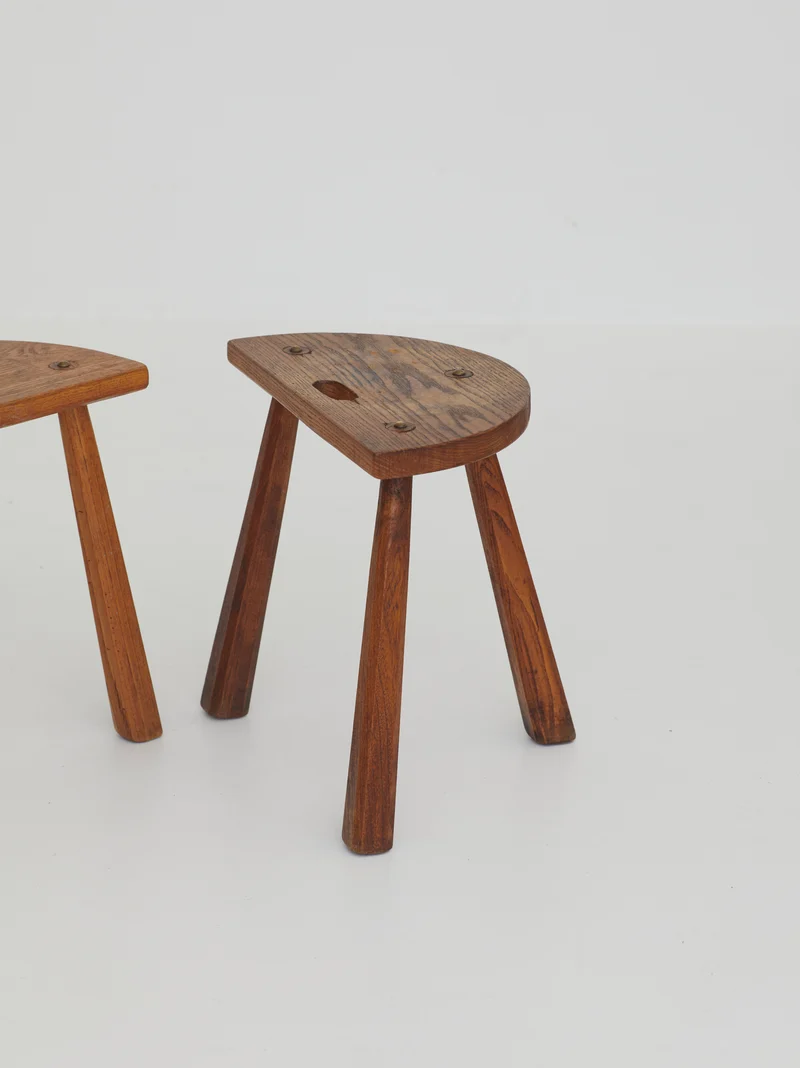 Two French Artisanal Solid Wood Half-moon Tripod Stools, Circa 1950