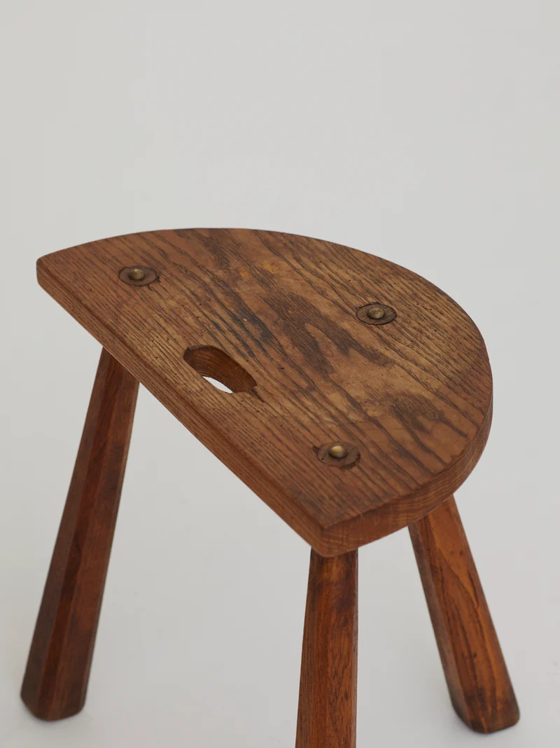 Two French Artisanal Solid Wood Half-moon Tripod Stools, Circa 1950
