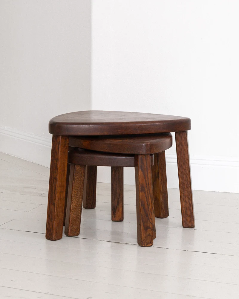 Set of Three Oak Brutalist Nesting Tables, Netherlands, 1970s