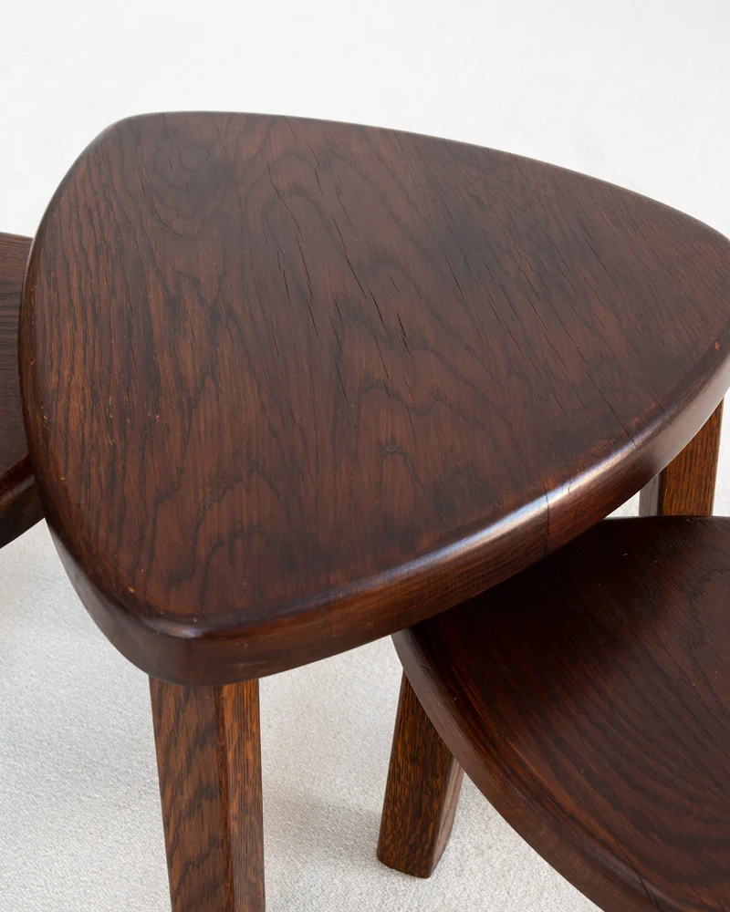 Set of Three Oak Brutalist Nesting Tables, Netherlands, 1970s