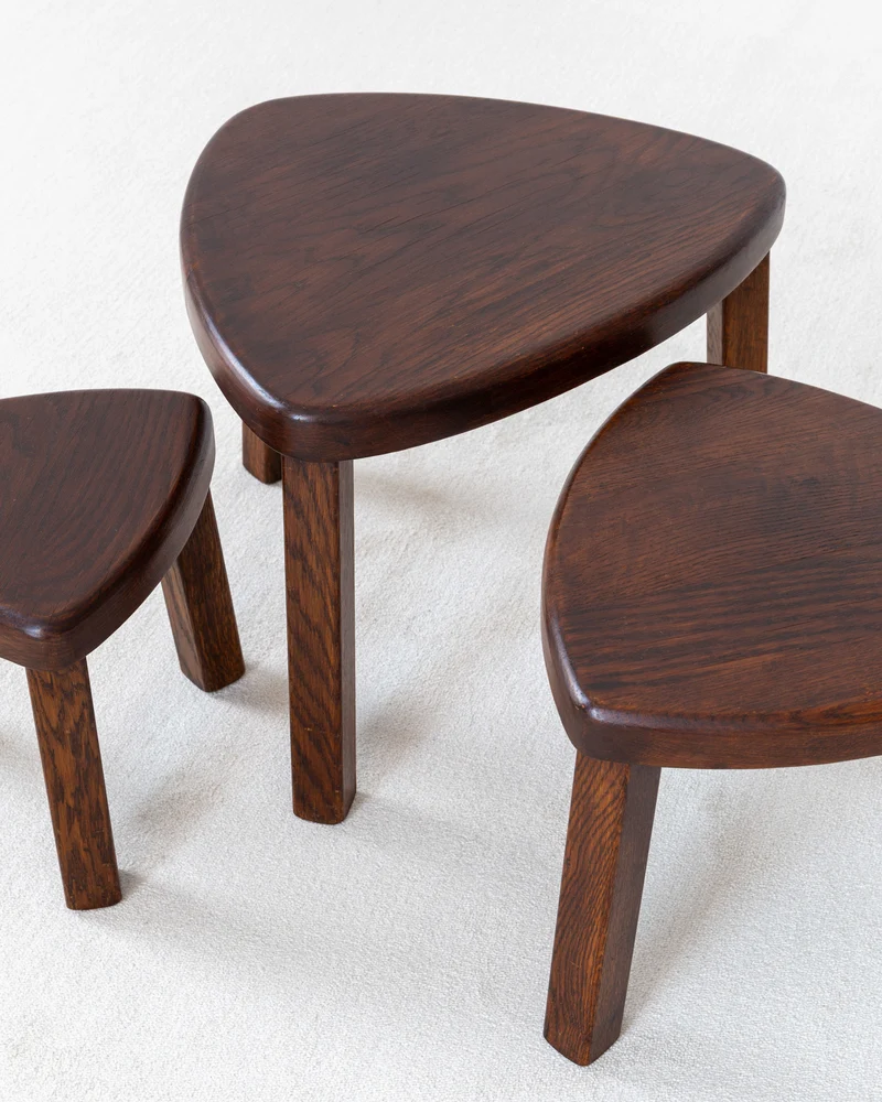 Set of Three Oak Brutalist Nesting Tables, Netherlands, 1970s