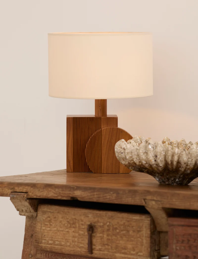 Set of 2 Vintage Artisanal Table Lamps In Solid Wood From France c. 1970