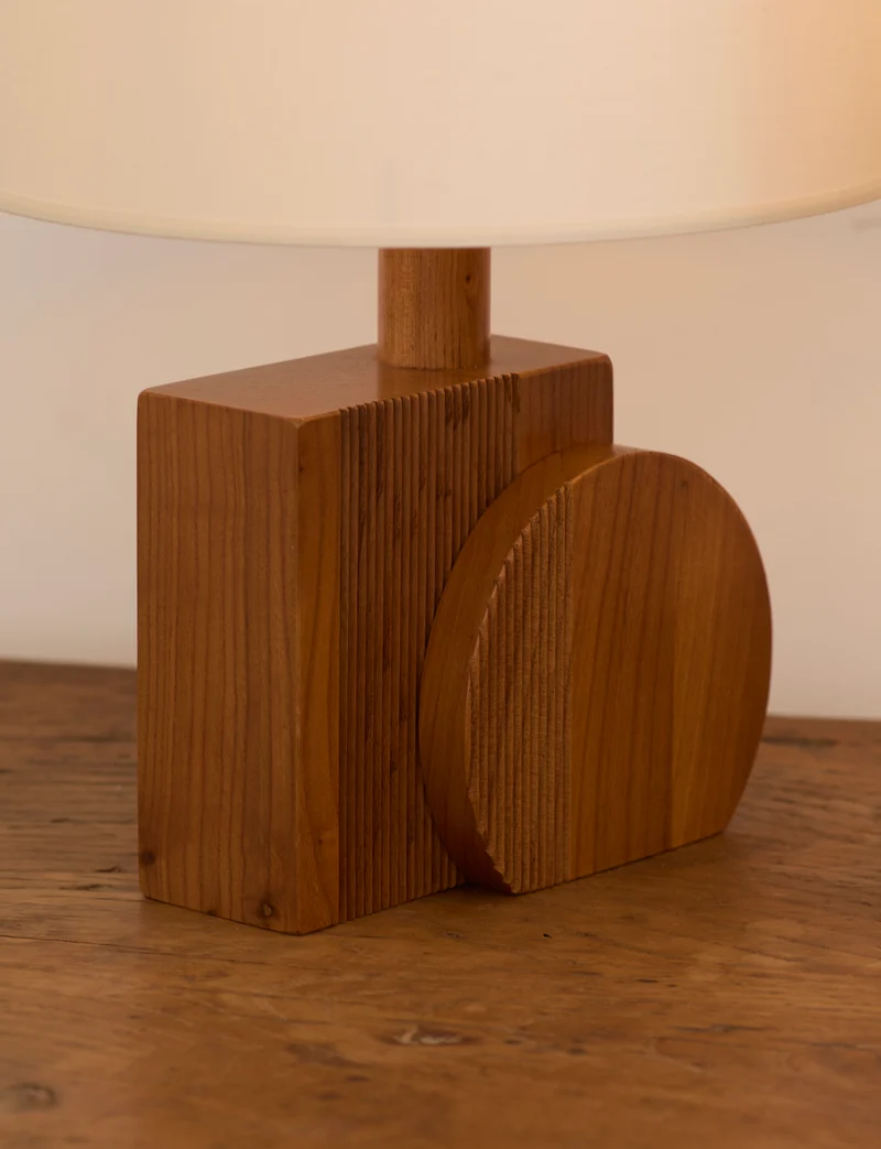 Set of 2 Vintage Artisanal Table Lamps In Solid Wood From France c. 1970