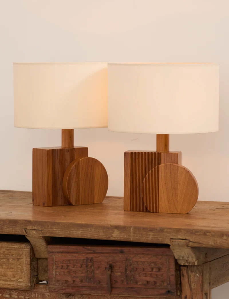 Set of 2 Vintage Artisanal Table Lamps In Solid Wood From France c. 1970