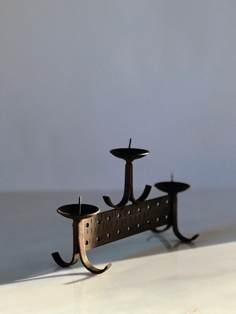 Geometric Hand Forged Metal Candlestick, Mid Century Poland