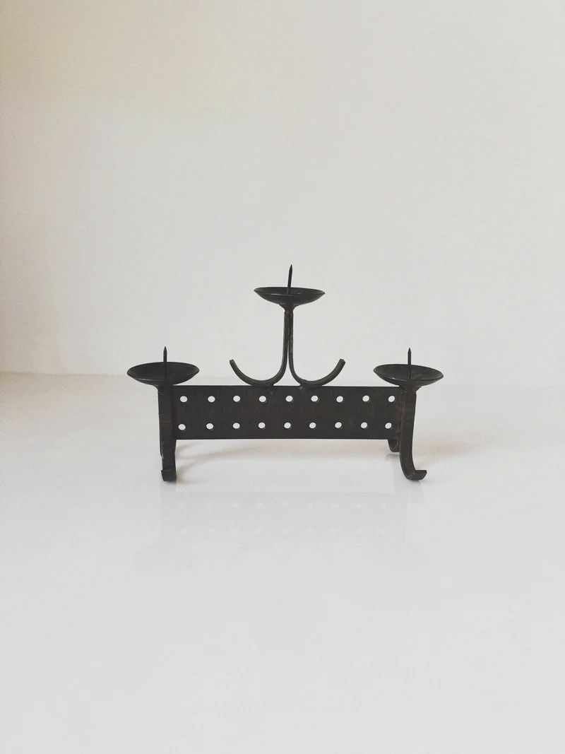 Geometric Hand Forged Metal Candlestick, Mid Century Poland