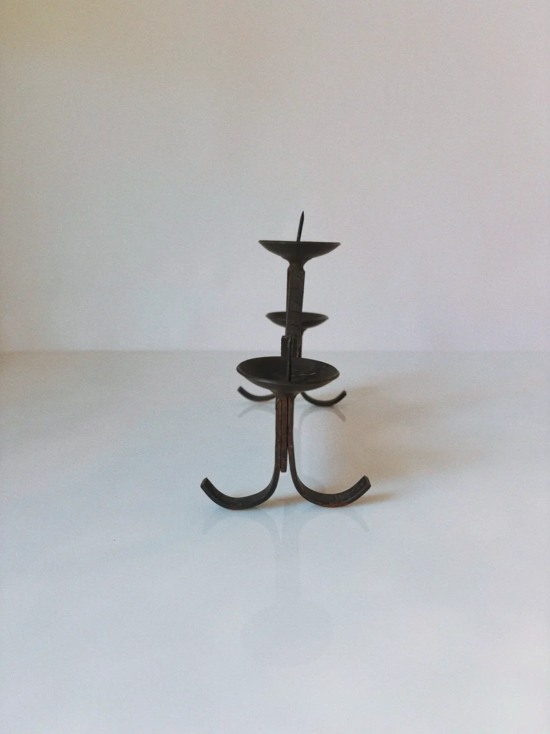 Geometric Hand Forged Metal Candlestick, Mid Century Poland