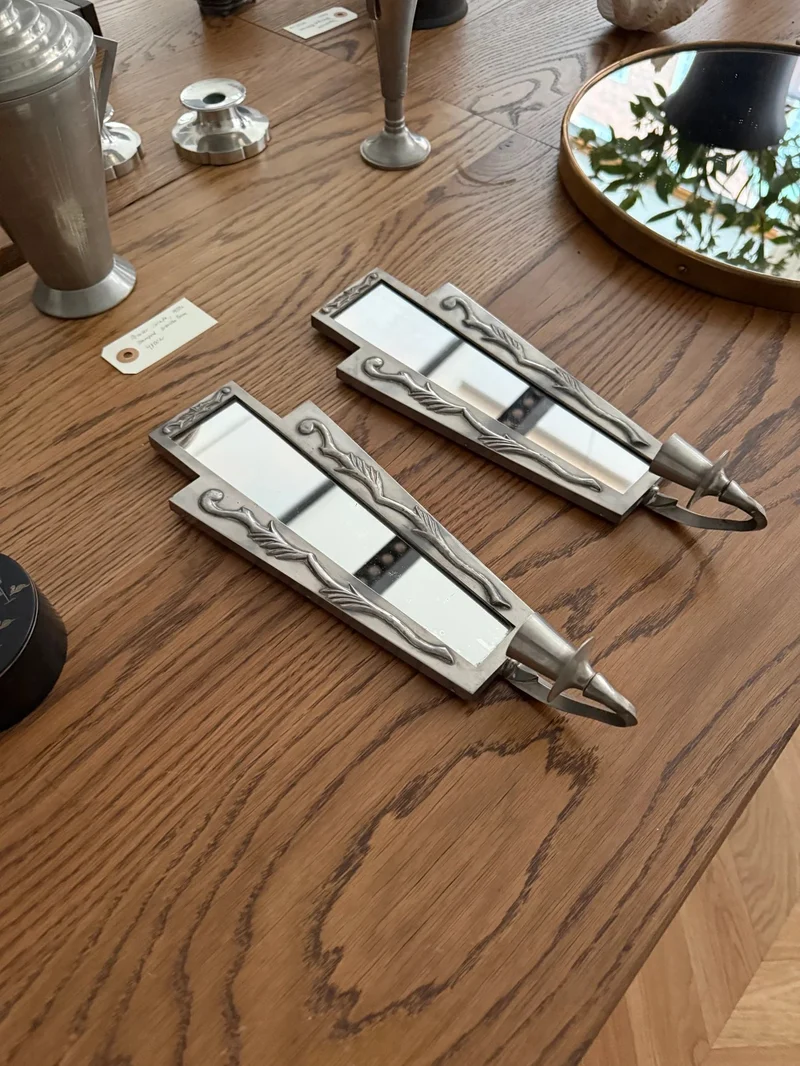 Pair of Swedish Grace Pewter Candle Sconces with Mirrors