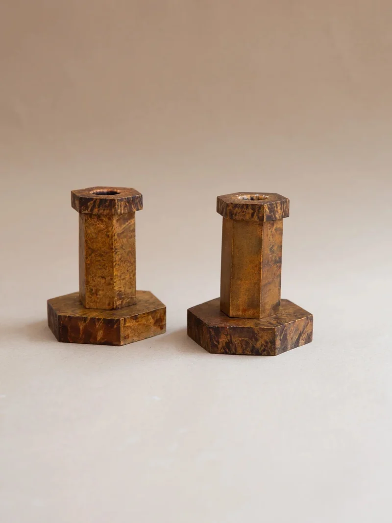 1930s Hexagonal Candlesticks in Elm Burl