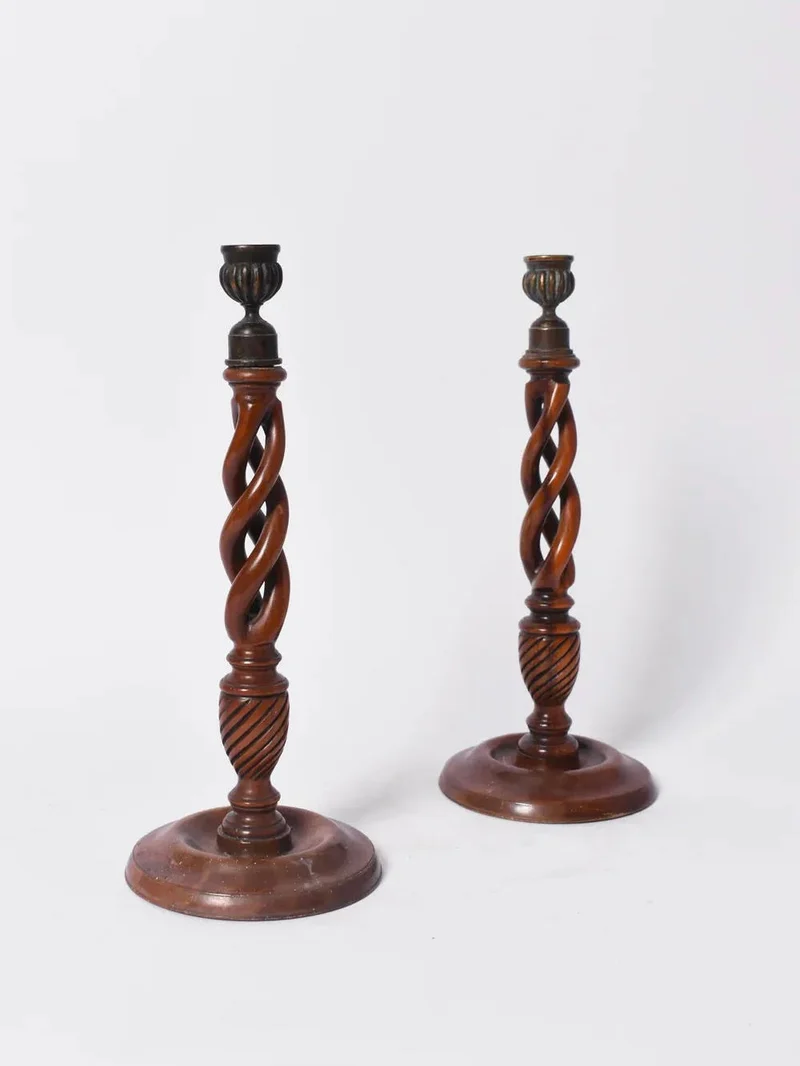 Pair of Turned Wood Candlesticks, 19th c.