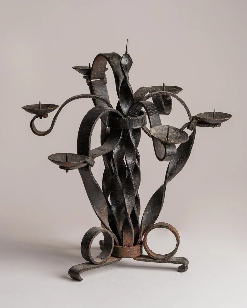 Vintage Folk Art Hand-Forged Wrought Iron Candelabra
