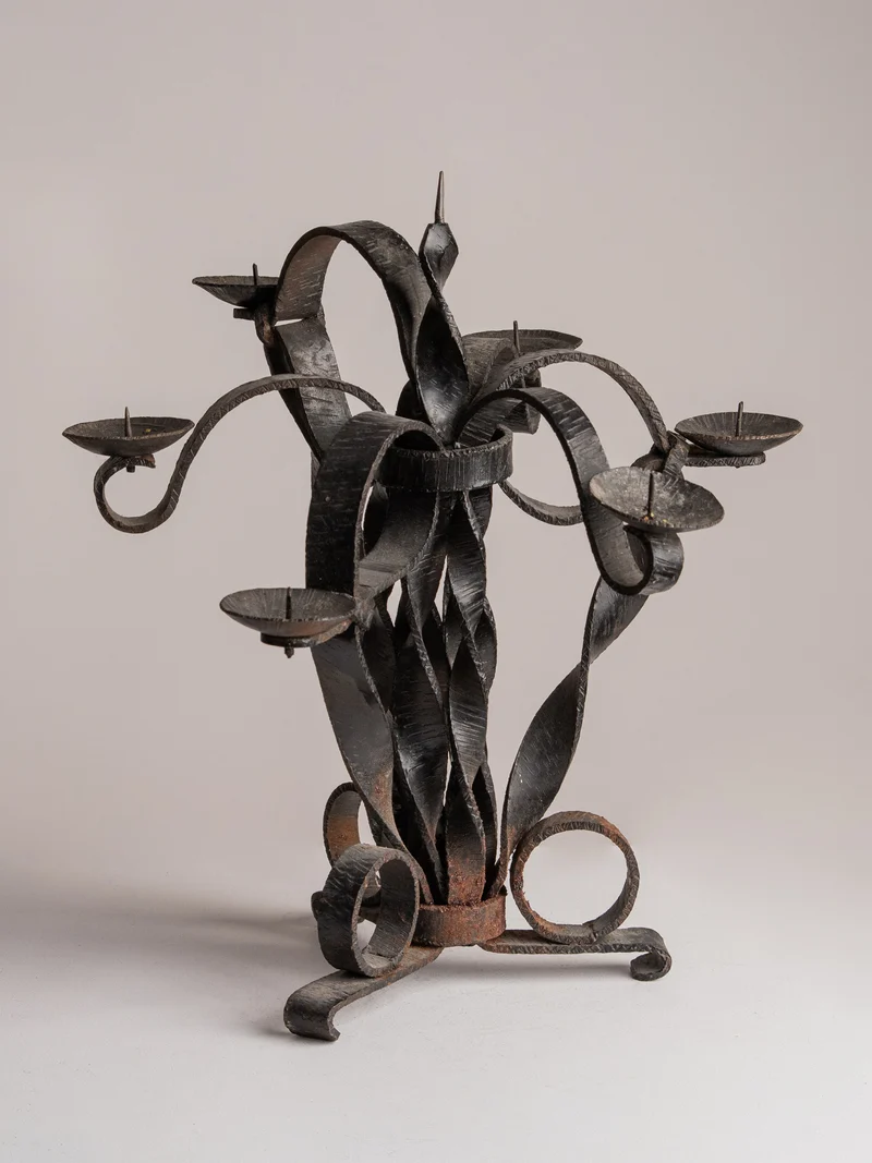 Vintage Folk Art Hand-Forged Wrought Iron Candelabra