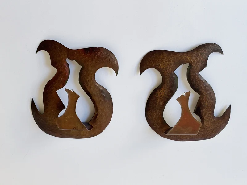 Pair of Torch Cut Metal Wall Candleholders, Poland