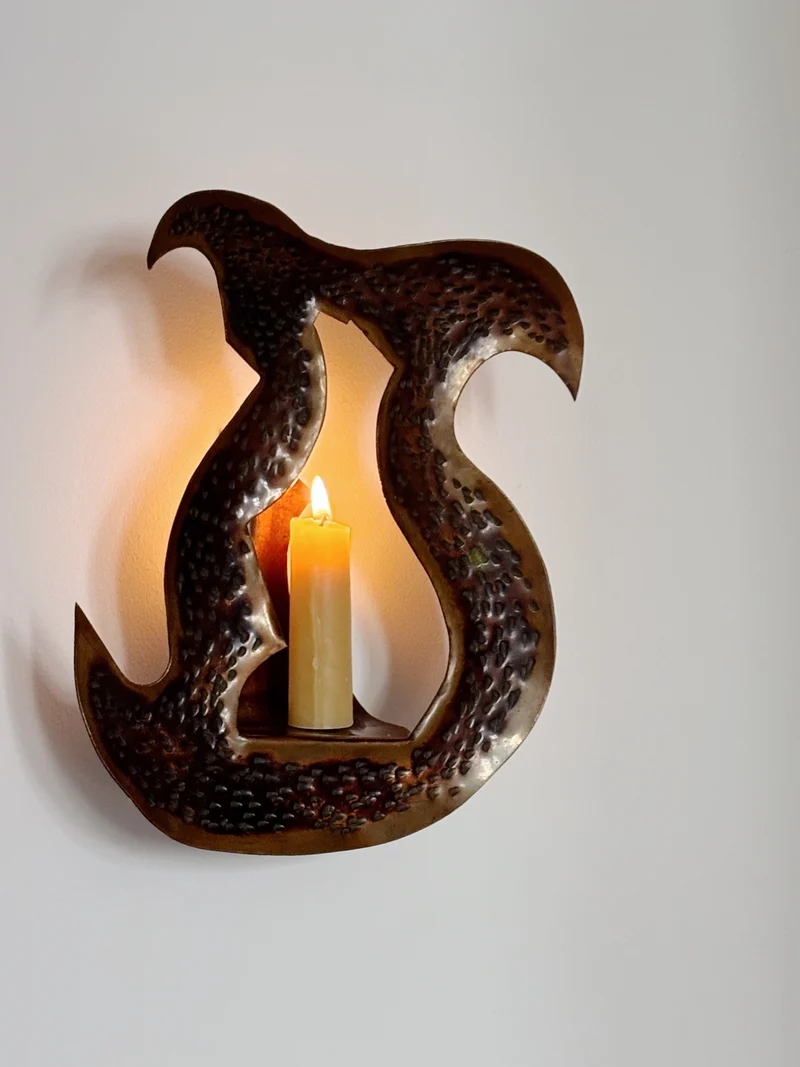 Pair of Torch Cut Metal Wall Candleholders, Poland
