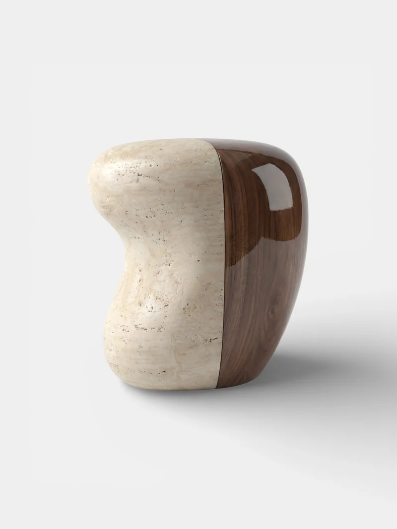 Yosho Travertine And Wood Side Table