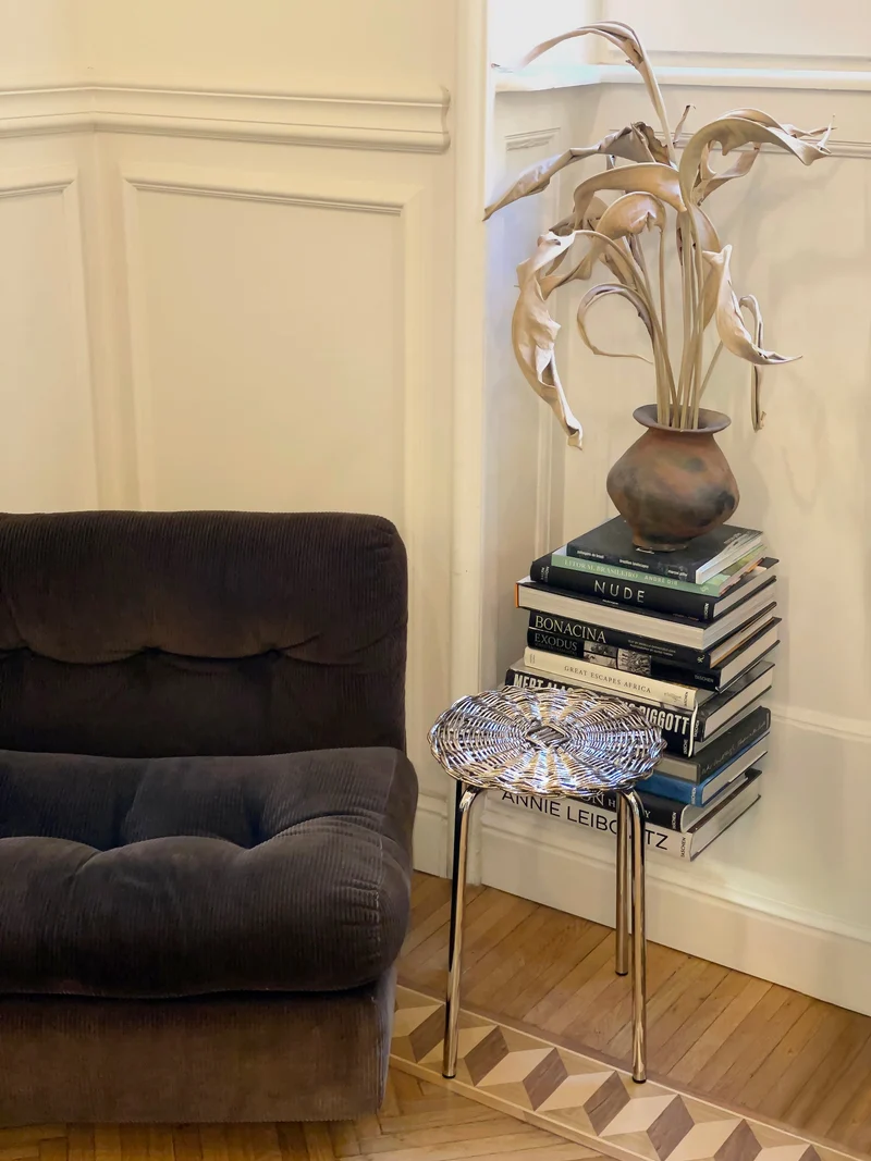 Woven Wicker Metal Plated Side Table in Chrome and Steel