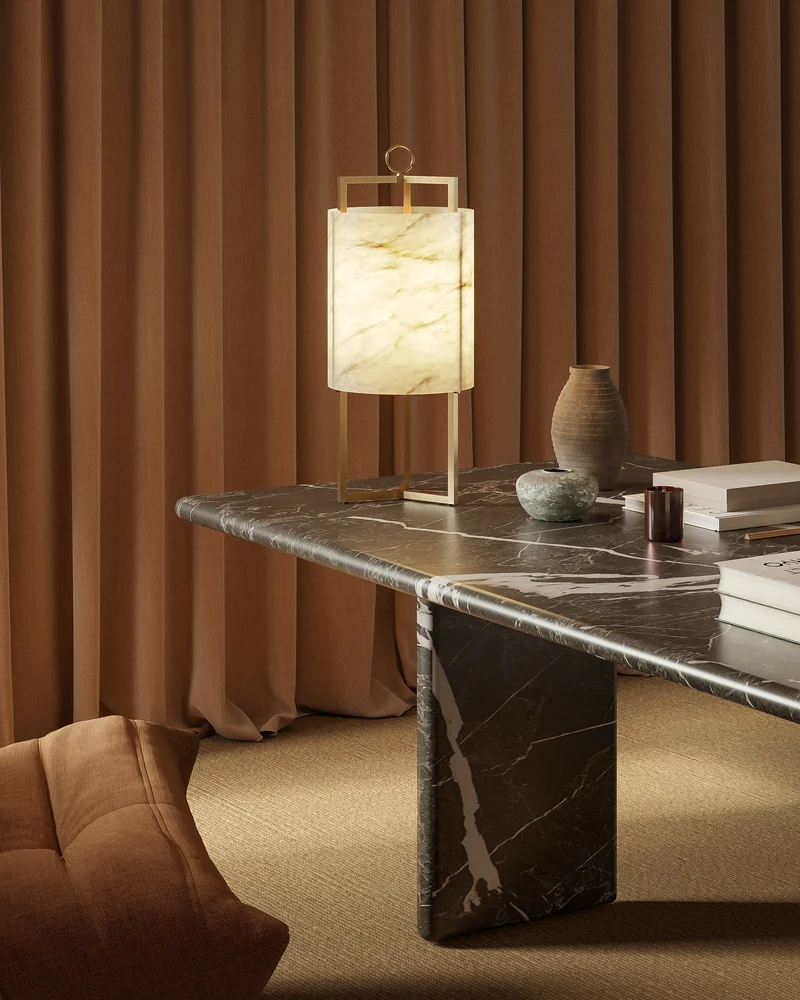 "LANTERN" Table Lamp in alabaster and satin brass