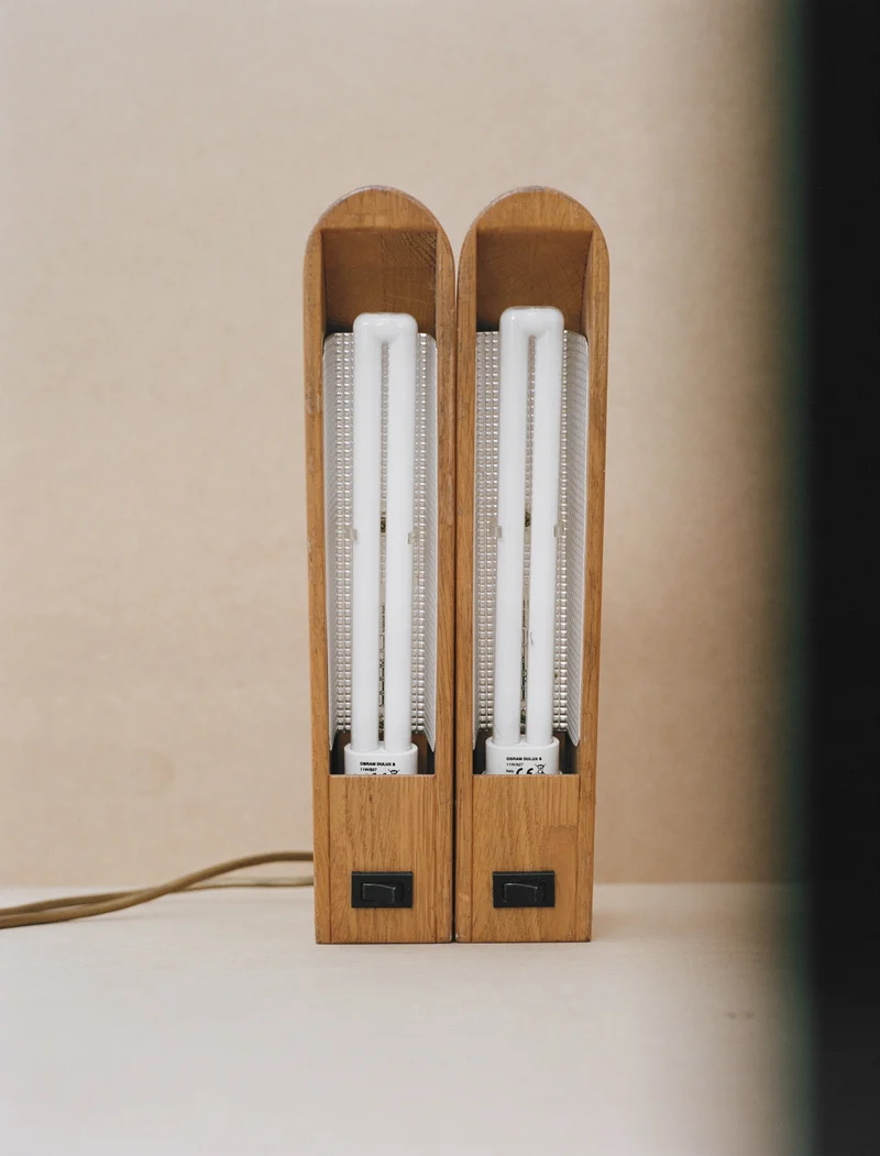 Set of 2 Vintage French Artisanal Table Lamps in Solid Oak Wood C. 1980, 1980s